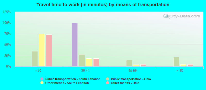 Travel time to work (in minutes) by means of transportation