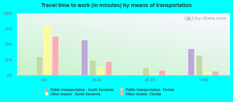 Travel time to work (in minutes) by means of transportation