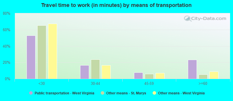 Travel time to work (in minutes) by means of transportation