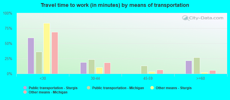 Travel time to work (in minutes) by means of transportation