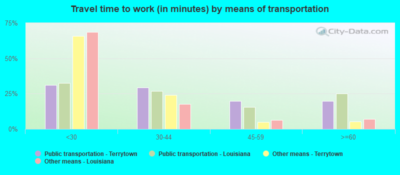 Travel time to work (in minutes) by means of transportation