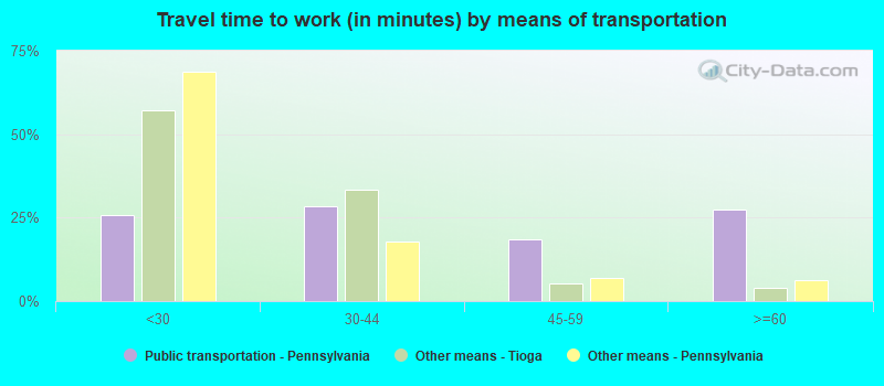 Travel time to work (in minutes) by means of transportation