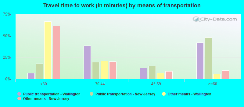 Travel time to work (in minutes) by means of transportation