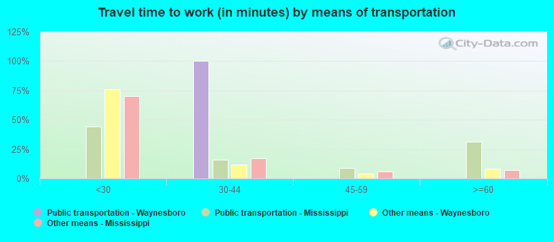 Travel time to work (in minutes) by means of transportation