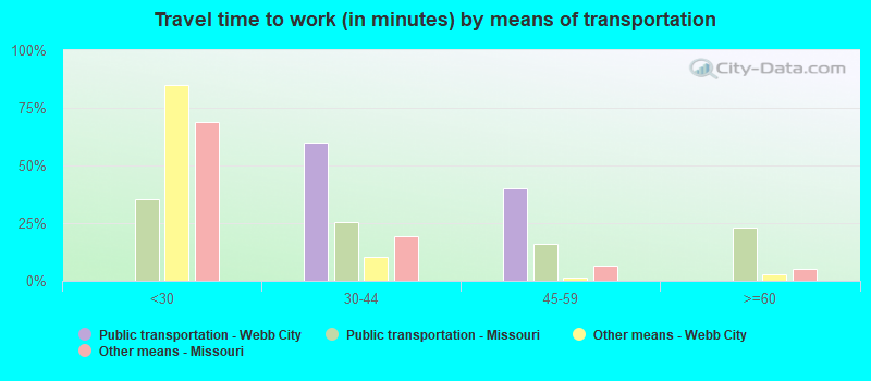 Travel time to work (in minutes) by means of transportation