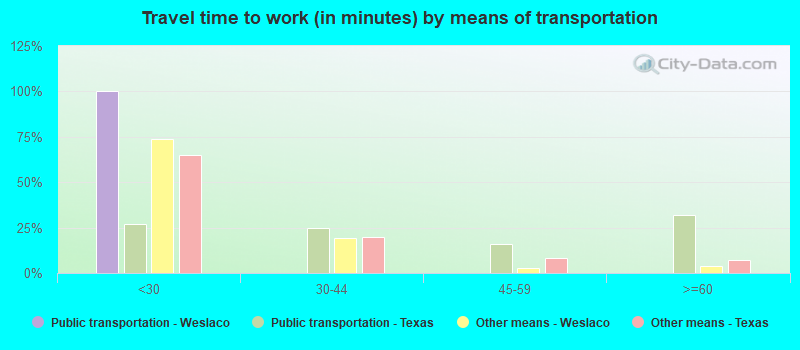 Travel time to work (in minutes) by means of transportation