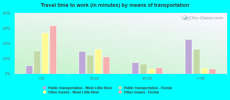 Travel time to work (in minutes) by means of transportation