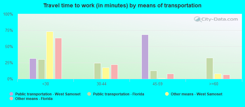 Travel time to work (in minutes) by means of transportation