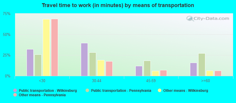 Travel time to work (in minutes) by means of transportation