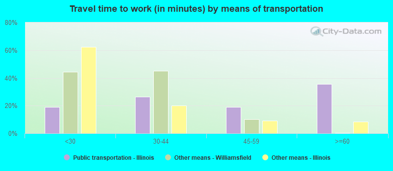 Travel time to work (in minutes) by means of transportation