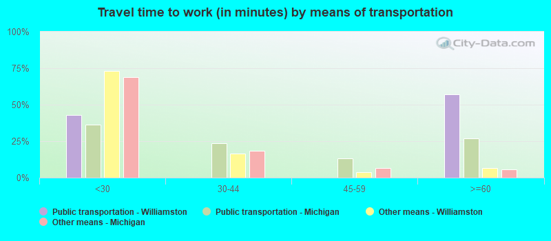 Travel time to work (in minutes) by means of transportation