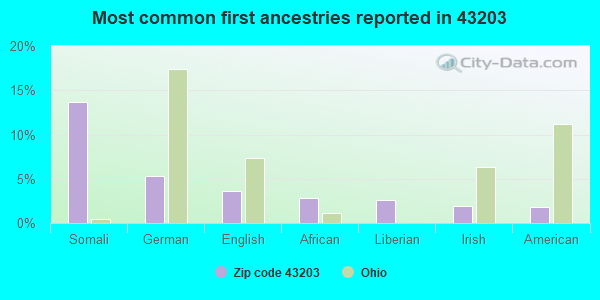 Most common first ancestries reported in 43203