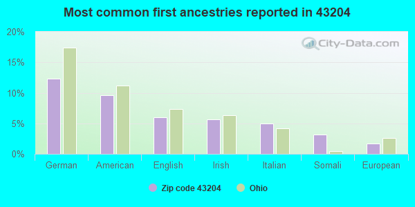 Most common first ancestries reported in 43204