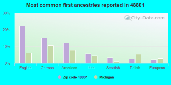 Most common first ancestries reported in 48801