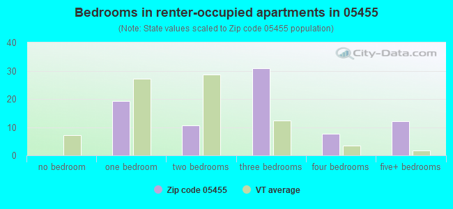 Bedrooms in renter-occupied apartments in 05455 