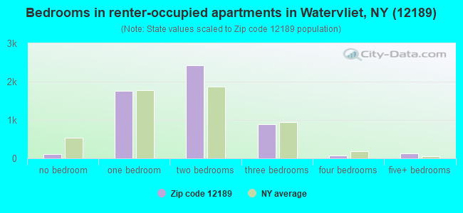 Bedrooms in renter-occupied apartments in Watervliet, NY (12189) 