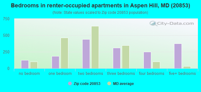 Bedrooms in renter-occupied apartments in Aspen Hill, MD (20853) 