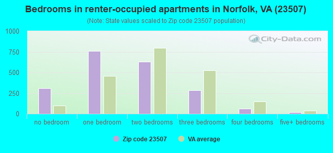 Bedrooms in renter-occupied apartments in Norfolk, VA (23507) 