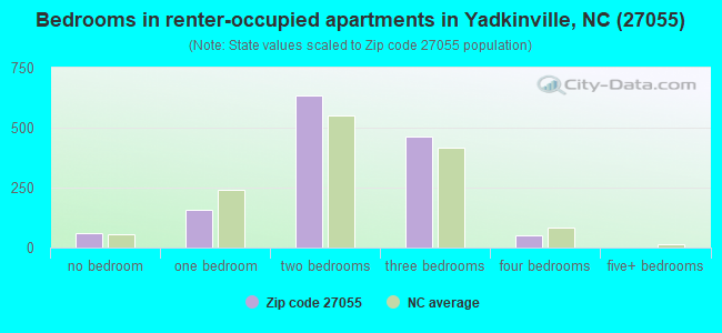 Bedrooms in renter-occupied apartments in Yadkinville, NC (27055) 