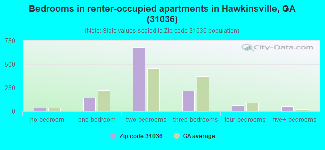 Bedrooms in renter-occupied apartments in Hawkinsville, GA (31036) 