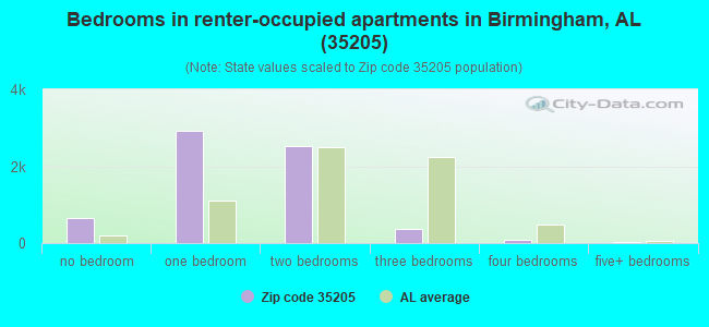 Bedrooms in renter-occupied apartments in Birmingham, AL (35205) 