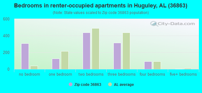 Bedrooms in renter-occupied apartments in Huguley, AL (36863) 