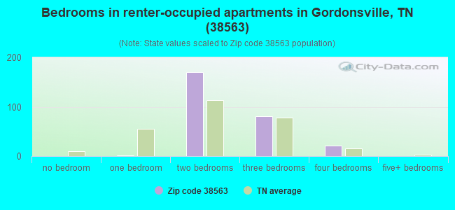 Bedrooms in renter-occupied apartments in Gordonsville, TN (38563) 