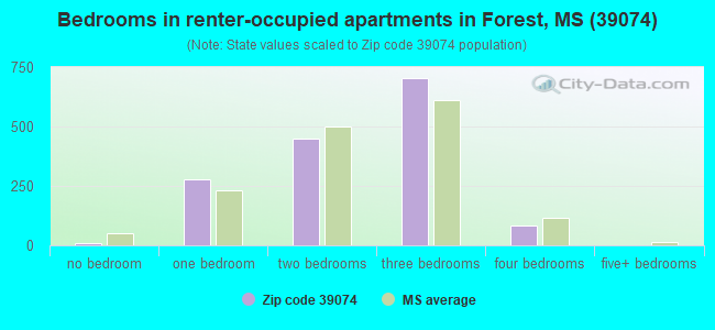 Bedrooms in renter-occupied apartments in Forest, MS (39074) 