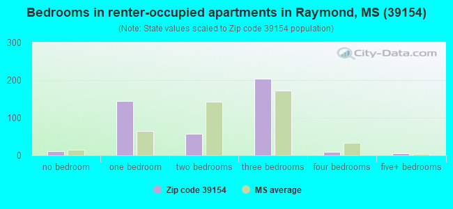 Bedrooms in renter-occupied apartments in Raymond, MS (39154) 