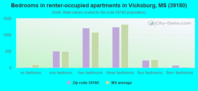 Bedrooms in renter-occupied apartments in Vicksburg, MS (39180) 