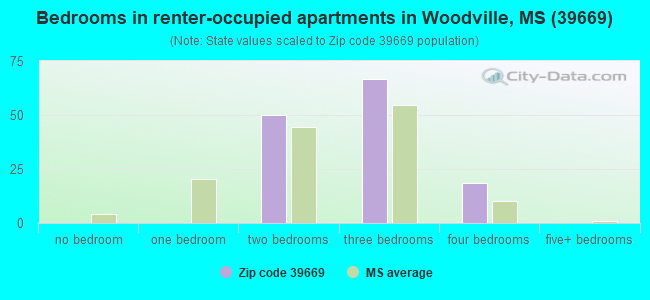 Bedrooms in renter-occupied apartments in Woodville, MS (39669) 