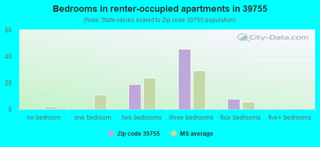 Bedrooms in renter-occupied apartments in 39755 
