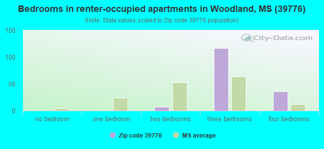 Bedrooms in renter-occupied apartments in Woodland, MS (39776) 