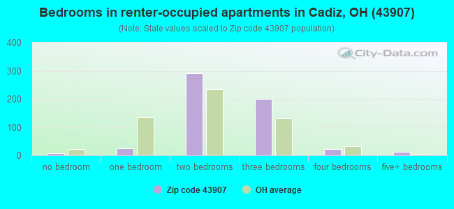 Bedrooms in renter-occupied apartments in Cadiz, OH (43907) 