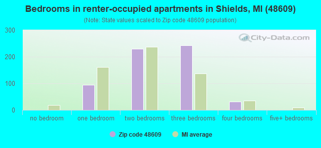 Bedrooms in renter-occupied apartments in Shields, MI (48609) 