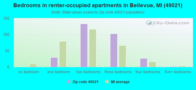 Bedrooms in renter-occupied apartments in Bellevue, MI (49021) 