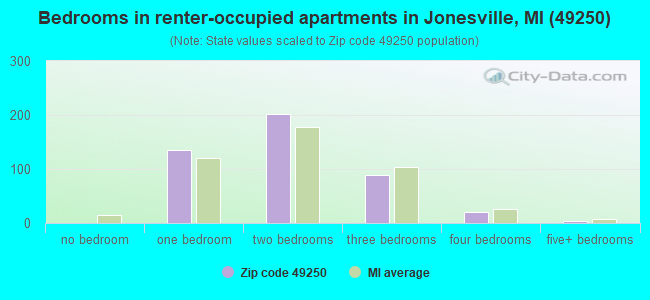 Bedrooms in renter-occupied apartments in Jonesville, MI (49250) 