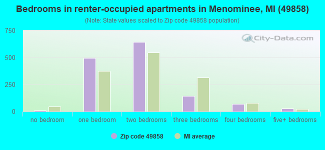 Bedrooms in renter-occupied apartments in Menominee, MI (49858) 