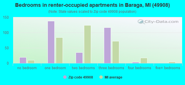 Bedrooms in renter-occupied apartments in Baraga, MI (49908) 