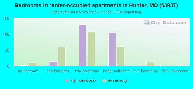 Bedrooms in renter-occupied apartments in Hunter, MO (63937) 