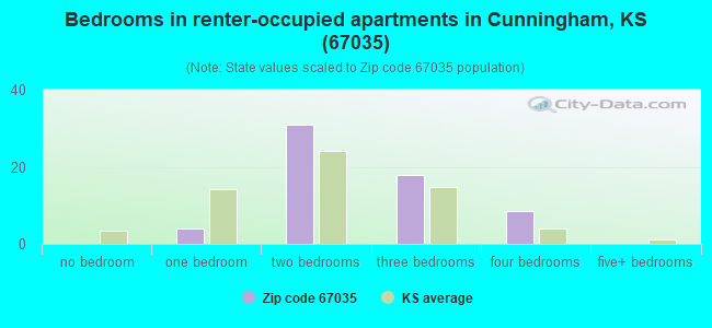 Bedrooms in renter-occupied apartments in Cunningham, KS (67035) 