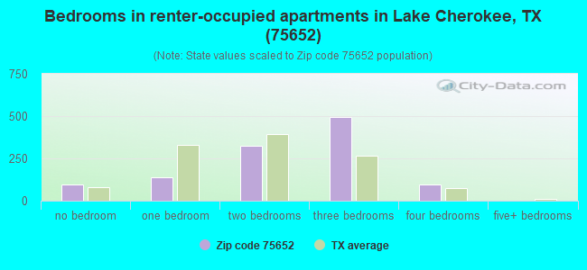 Bedrooms in renter-occupied apartments in Lake Cherokee, TX (75652) 