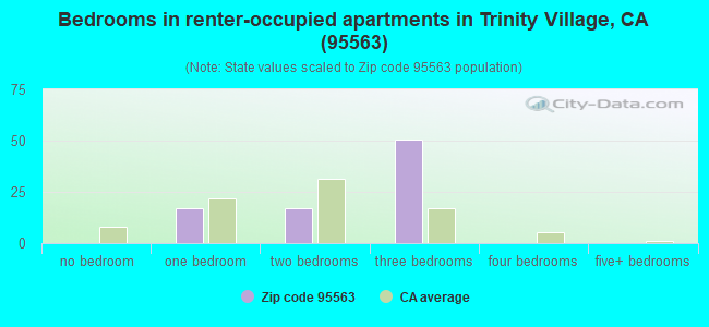 Bedrooms in renter-occupied apartments in Trinity Village, CA (95563) 