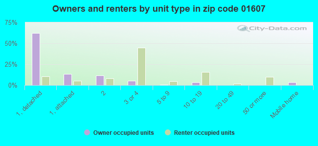 Owners and renters by unit type in zip code 01607