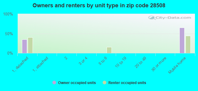 Owners and renters by unit type in zip code 28508
