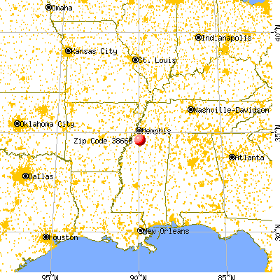 Senatobia, MS (38668) map from a distance
