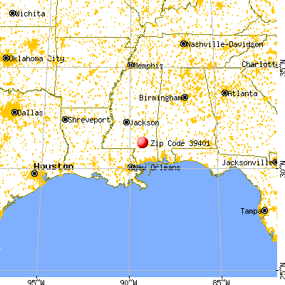 Hattiesburg, MS (39401) map from a distance