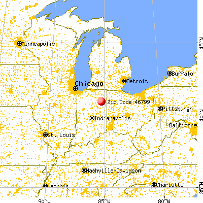 Zanesville, IN (46799) map from a distance