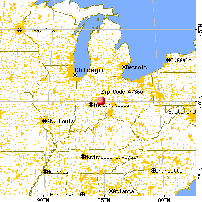 Mooreland, IN (47360) map from a distance