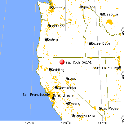 California Pines, CA (96101) map from a distance